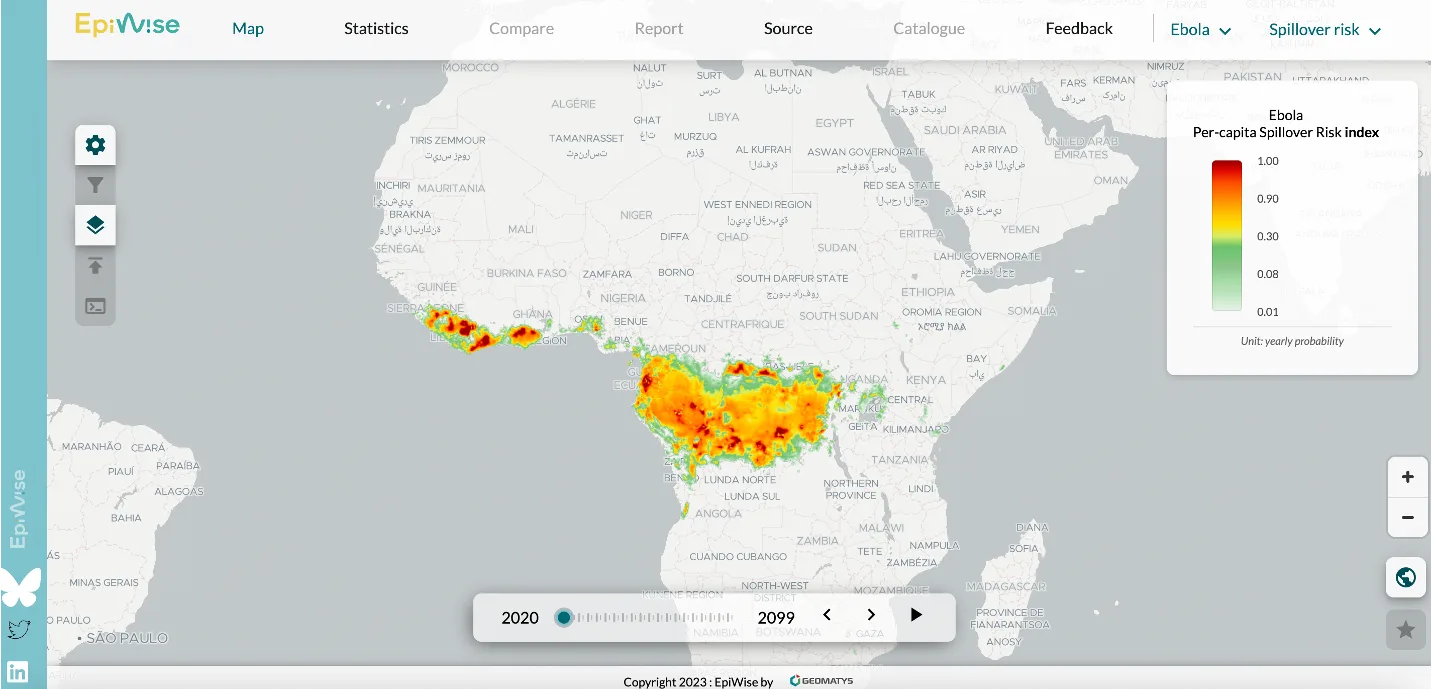 The EpiWise geospatial platform showing an epidemic risk map